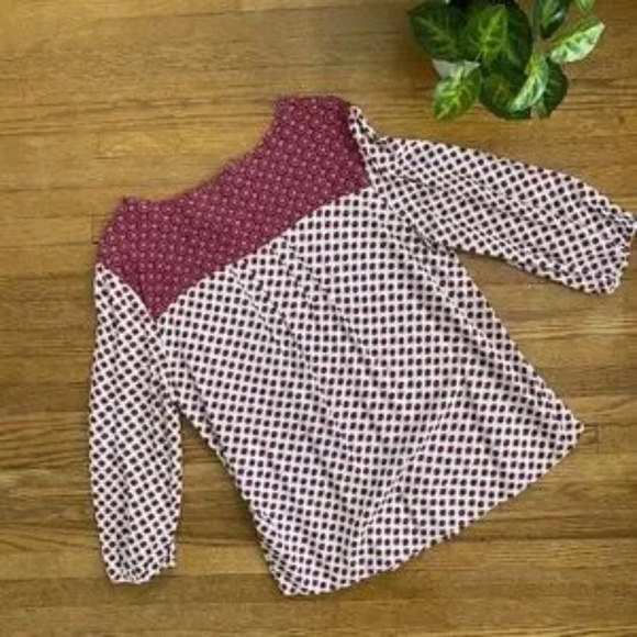 Laura Scott Boho Print 3/4 Sleeve Peasant Blouse Burgundy Ivory Size MP - Picture 8 of 8